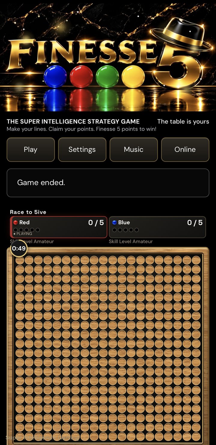 Finesse 5 game screen: gold logo with fedora on the 5, Race to 5ive scoreboard, and the wooden chip board